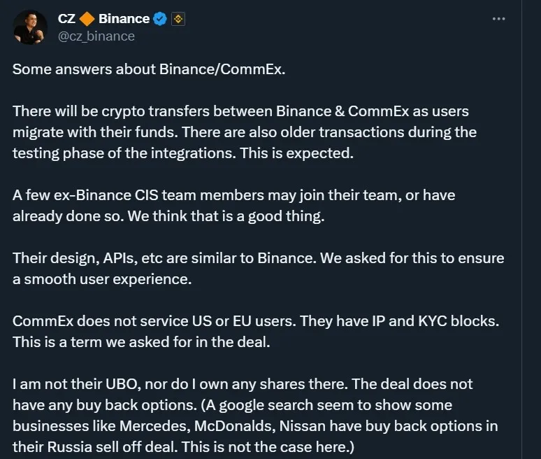 сообщение Чанпэн Чжао подробностей ухода Binance из России в X