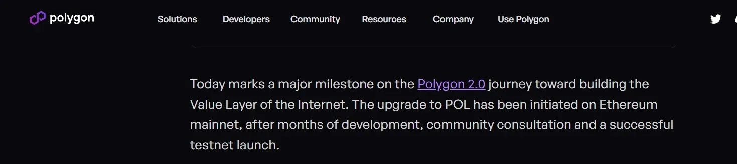 заявление о запуске токена Pol на официальном сайте Polygon
