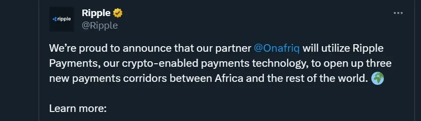 заявление Ripple о начале сотрудничества с Onafriq