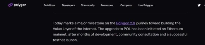 заявление о запуске токена Pol на официальном сайте Polygon