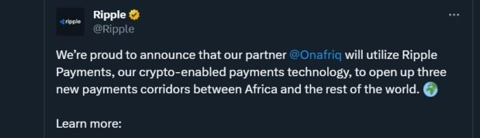 заявление Ripple о начале сотрудничества с Onafriq