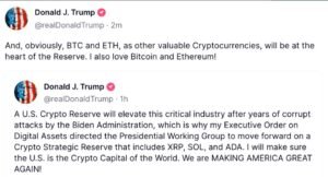 Trump announced the creation of a US crypto reserve: XRP, Solana and Cardano are a priority D. Trump's post on social networks