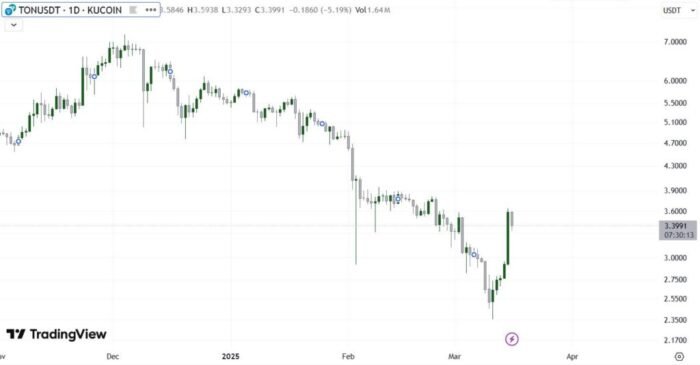Daily toncoin price chart for 03/16/2025